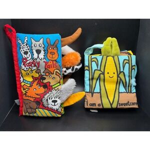 2 Jellycat Book Lot Puppy Tails Soft Book & I Am A Sweet Corn Baby Sensory Toy